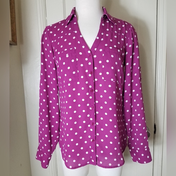 EXPRESS THE PORTOFINO SHIRT slim fit purple white polka dot long roll sleeve top - Picture 1 of 6